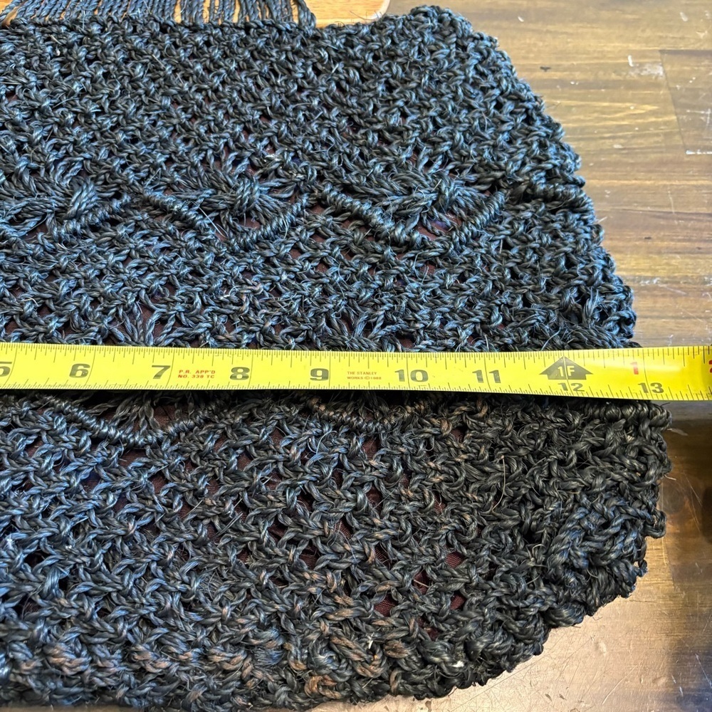 Vintage Raffia Crochet Woven Basket Straw Wood Handles 60’s Black Macrame Tote - Picture 10 of 10
